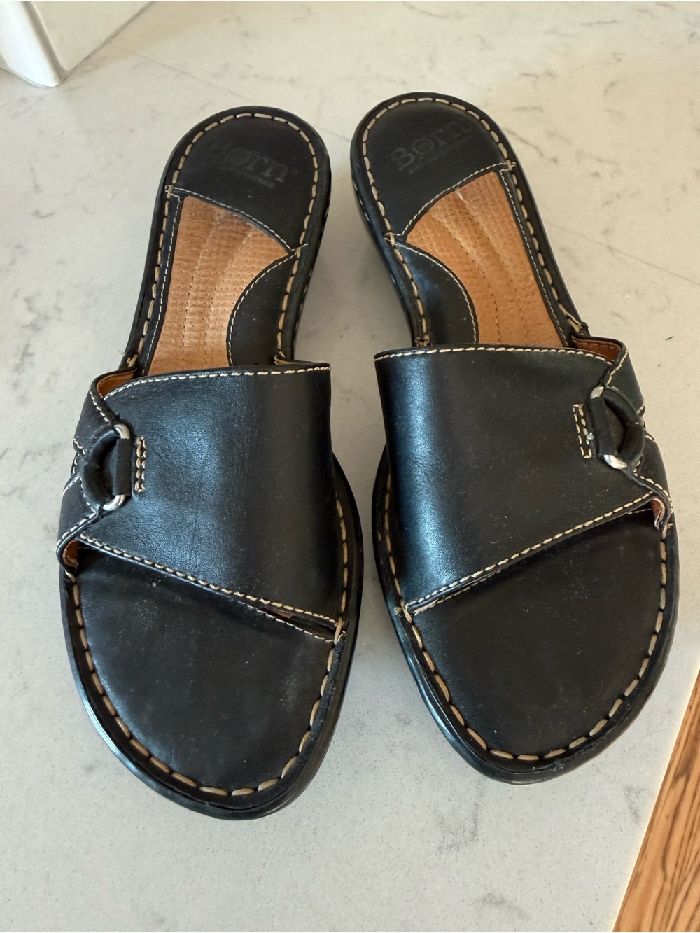 Born Black Leather Slide Mules with Contrast Stitching